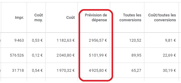 prevision de dépense colonnes personnalisées dans l'interface google ads